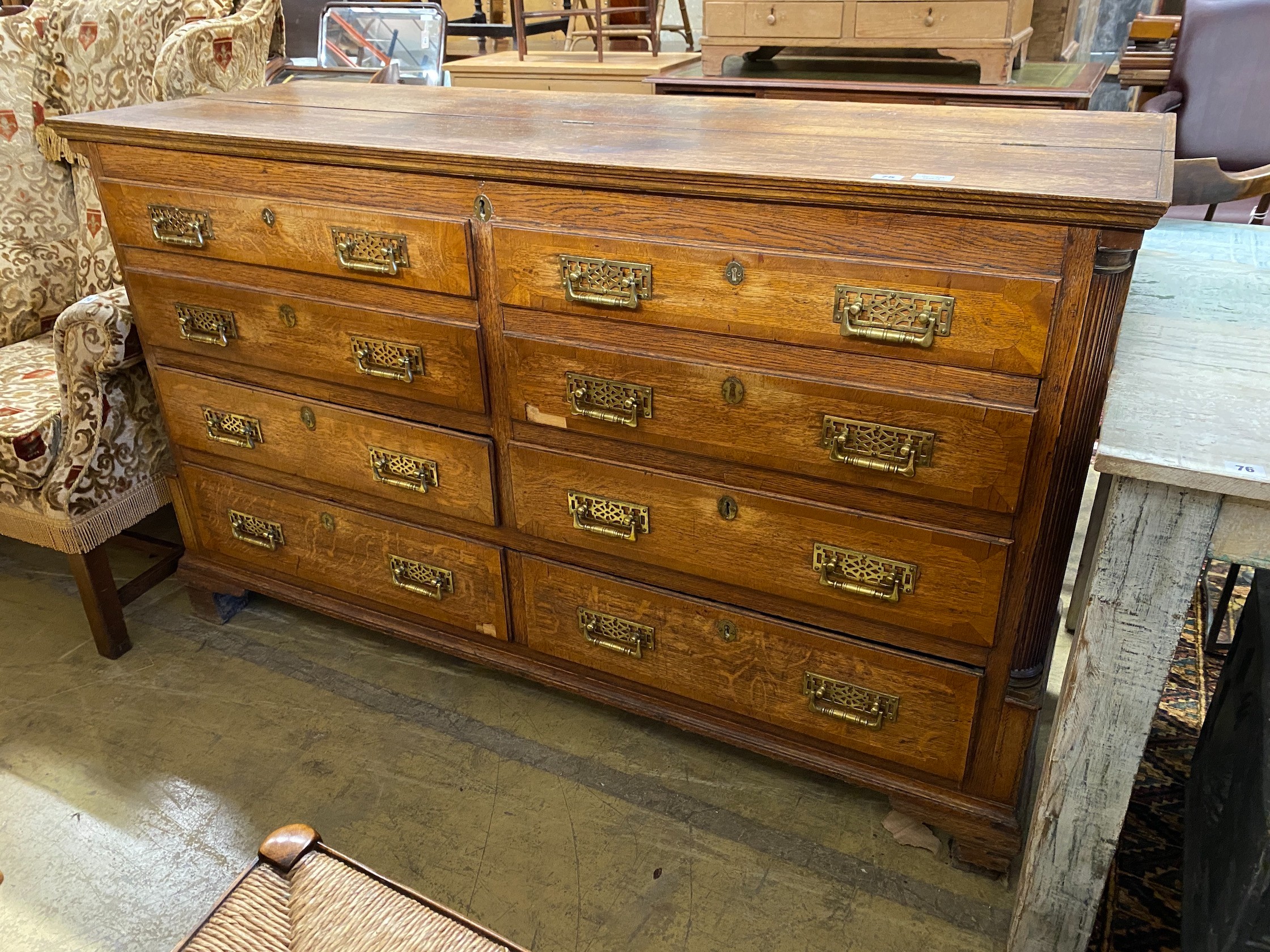 A late 18th century oak and mahogany crossbanded mule chest (adapted), width 159cm, depth 56cm, height 96cm